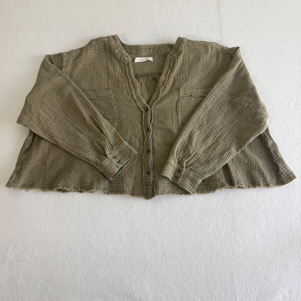 Mustard Seed Button Down Top Womens Large Green Cotton Gauze Boho Raw Hem S20624